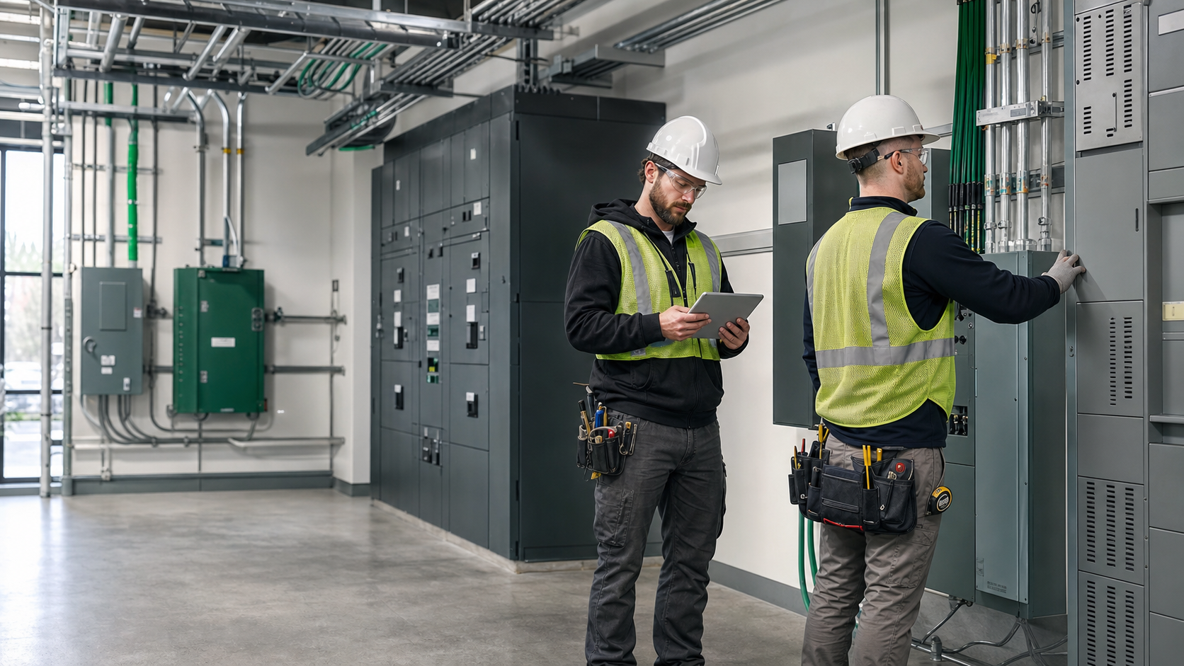Two commercial electricians coordinating work in a modern electrical room.