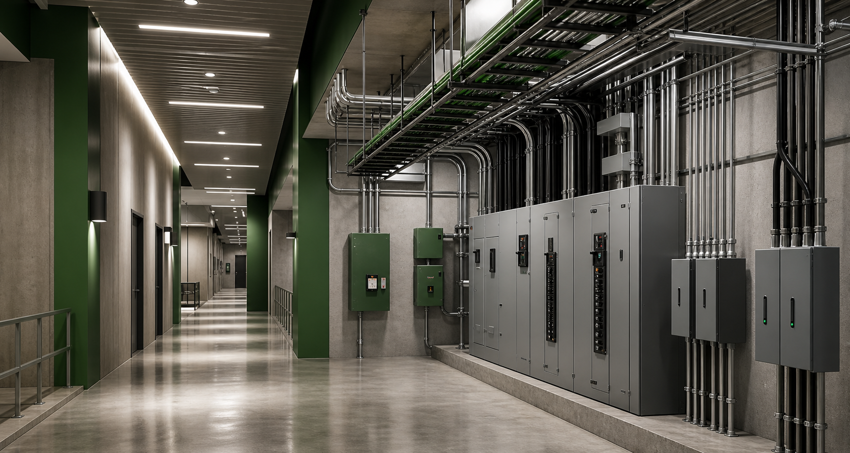 Detailed commercial and industrial electrical infrastructure with conduit, panelboards, cable tray, and lighting.